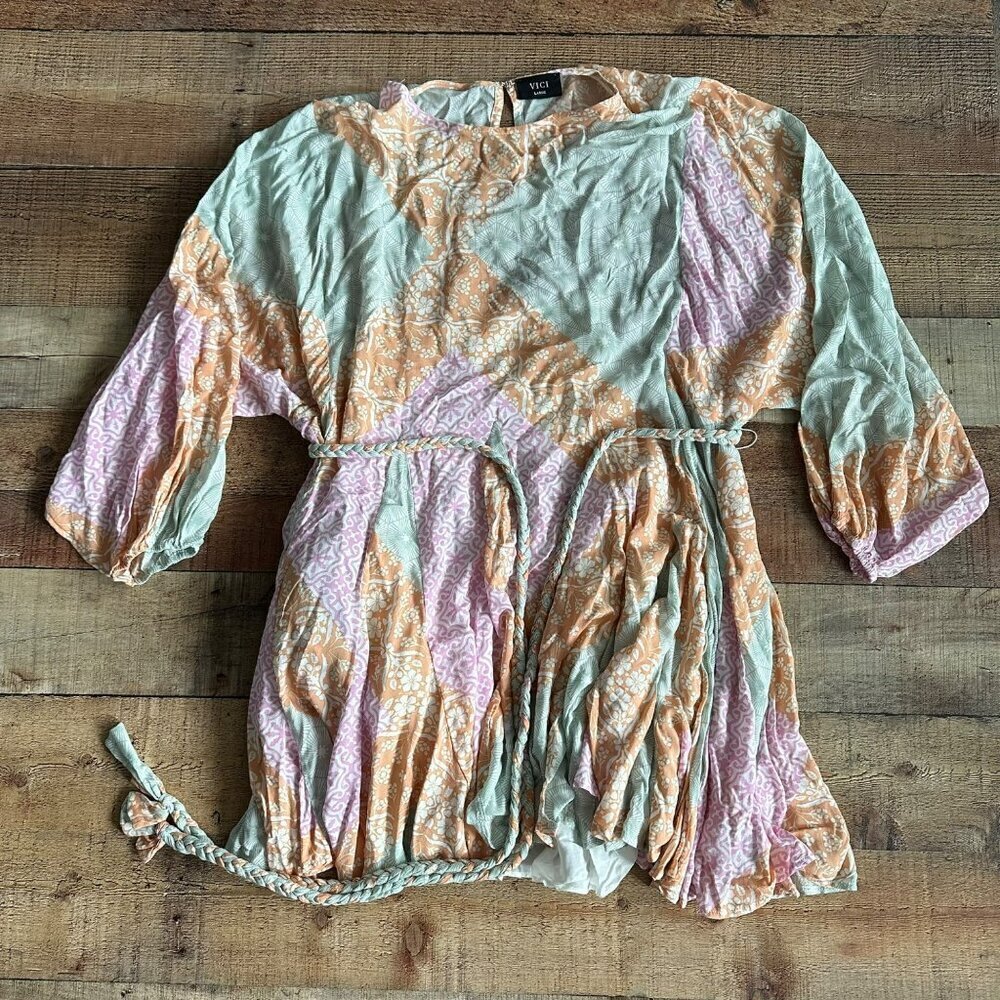 Vici Womens Colorful Boho Belted Mini Dress -L